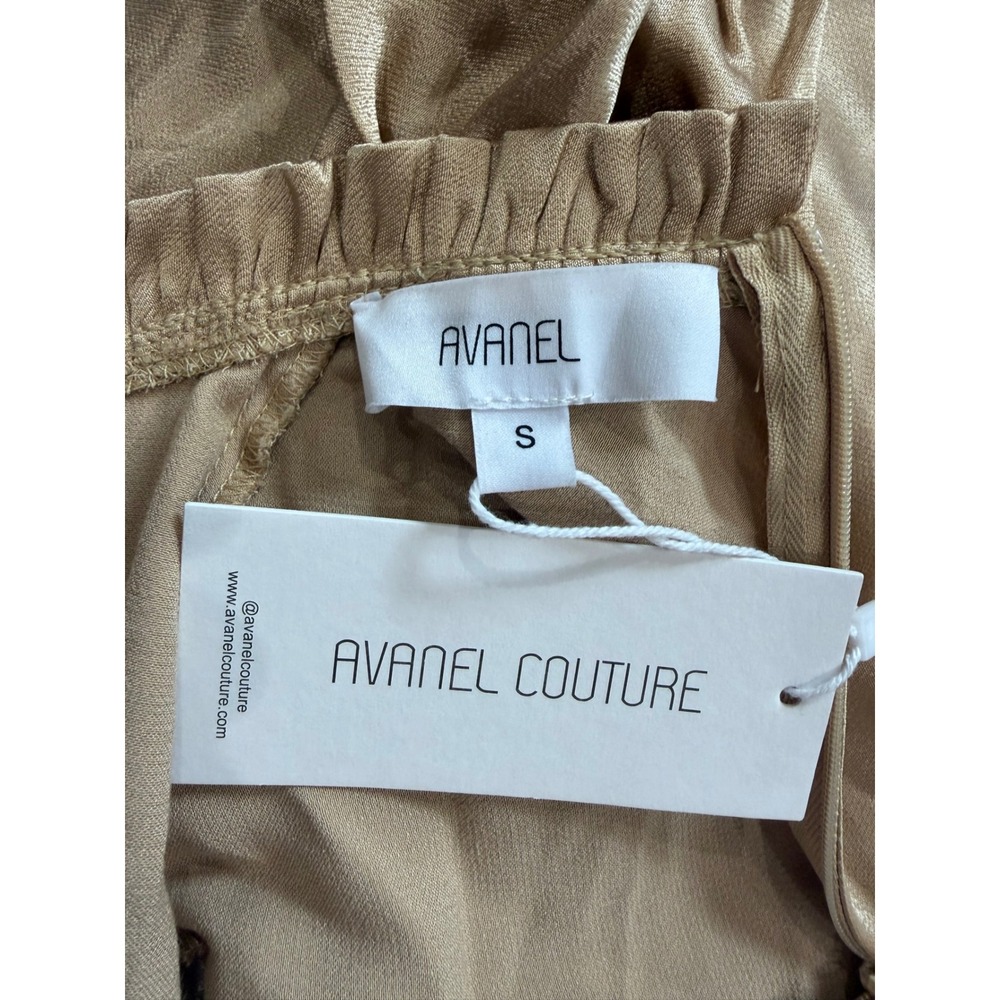 Avanel Couture Tan Satin Midi Dress Ruffle Neck Lace Up Bell Sleeve Small - Picture 8 of 9